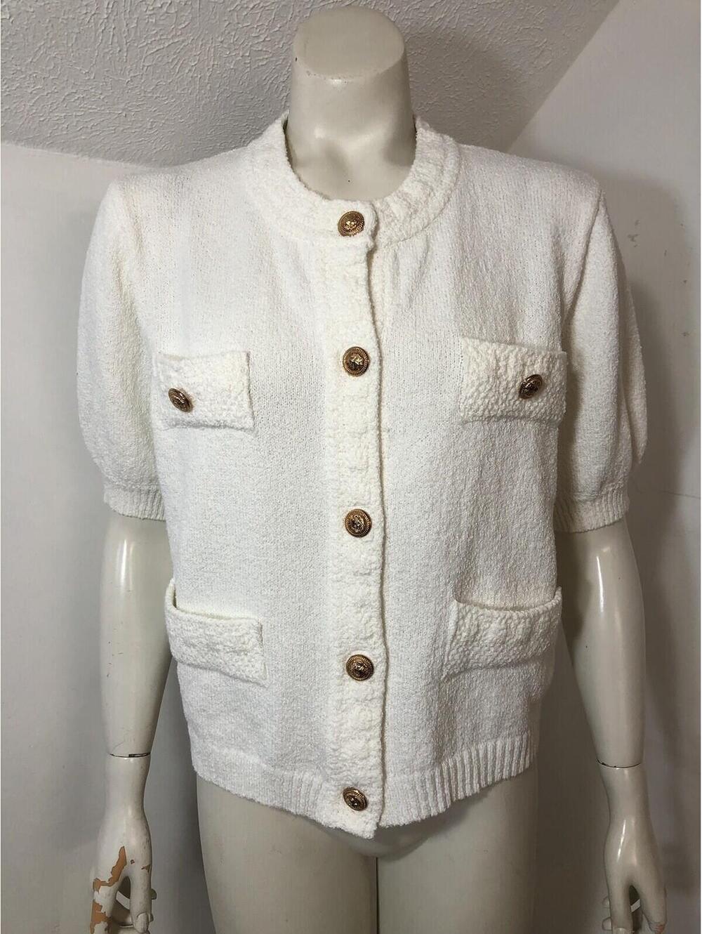New She Sky Womens Large Ivory Shortsleeved  Knit Sweater Gold Buttons Pockets